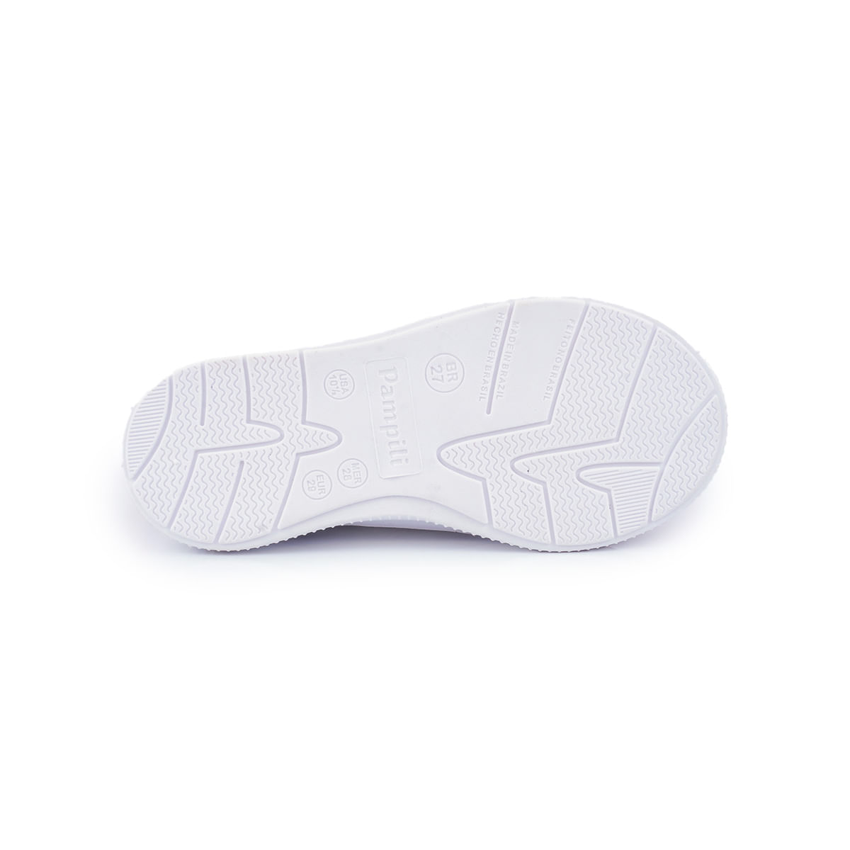 Tênis infantil Pampili branco com detalhes dourados, destaque para conforto e segurança